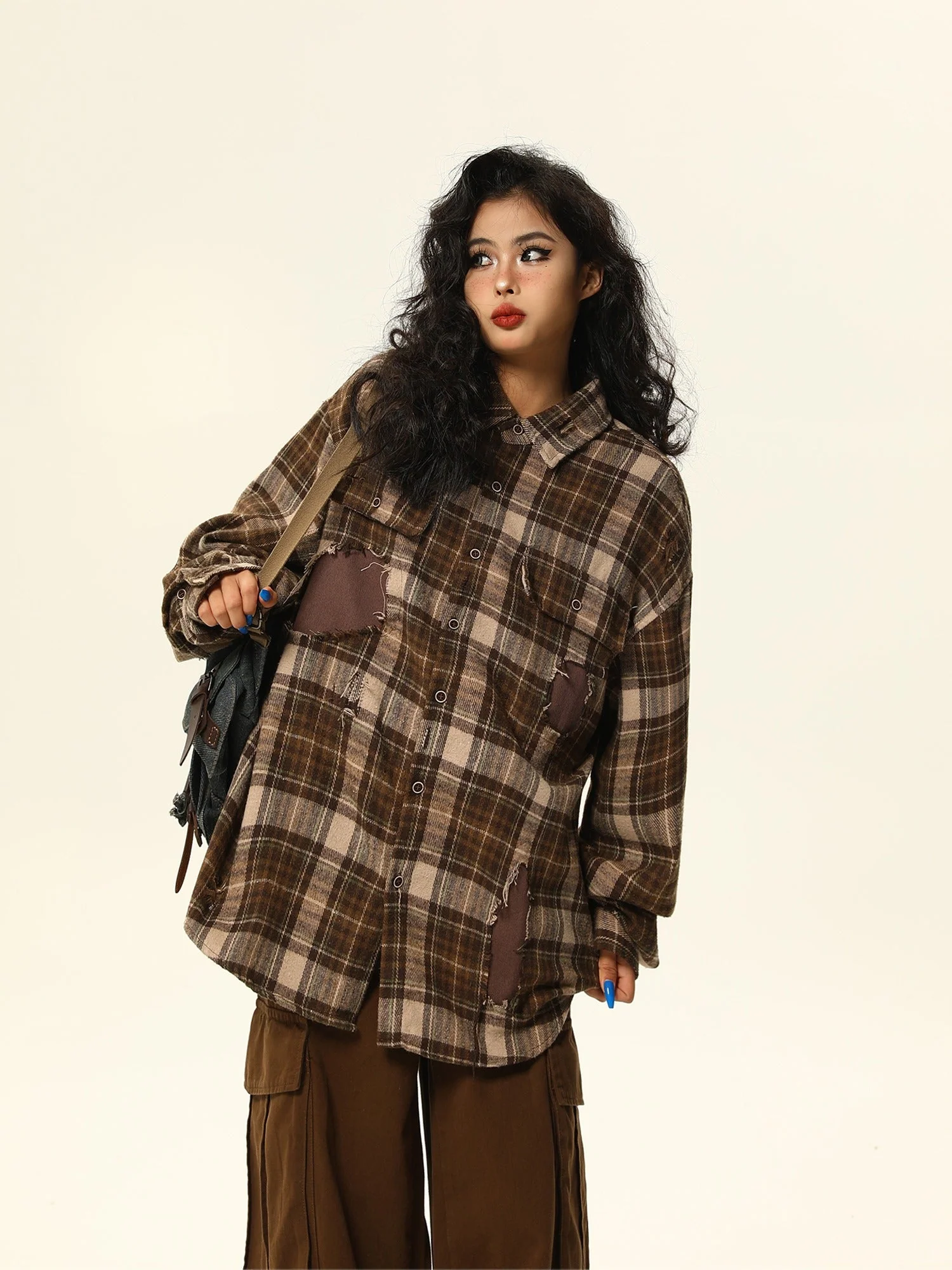 Oversized Distressed Plaid Flannel Shirt with Intentional Patches - Image 3