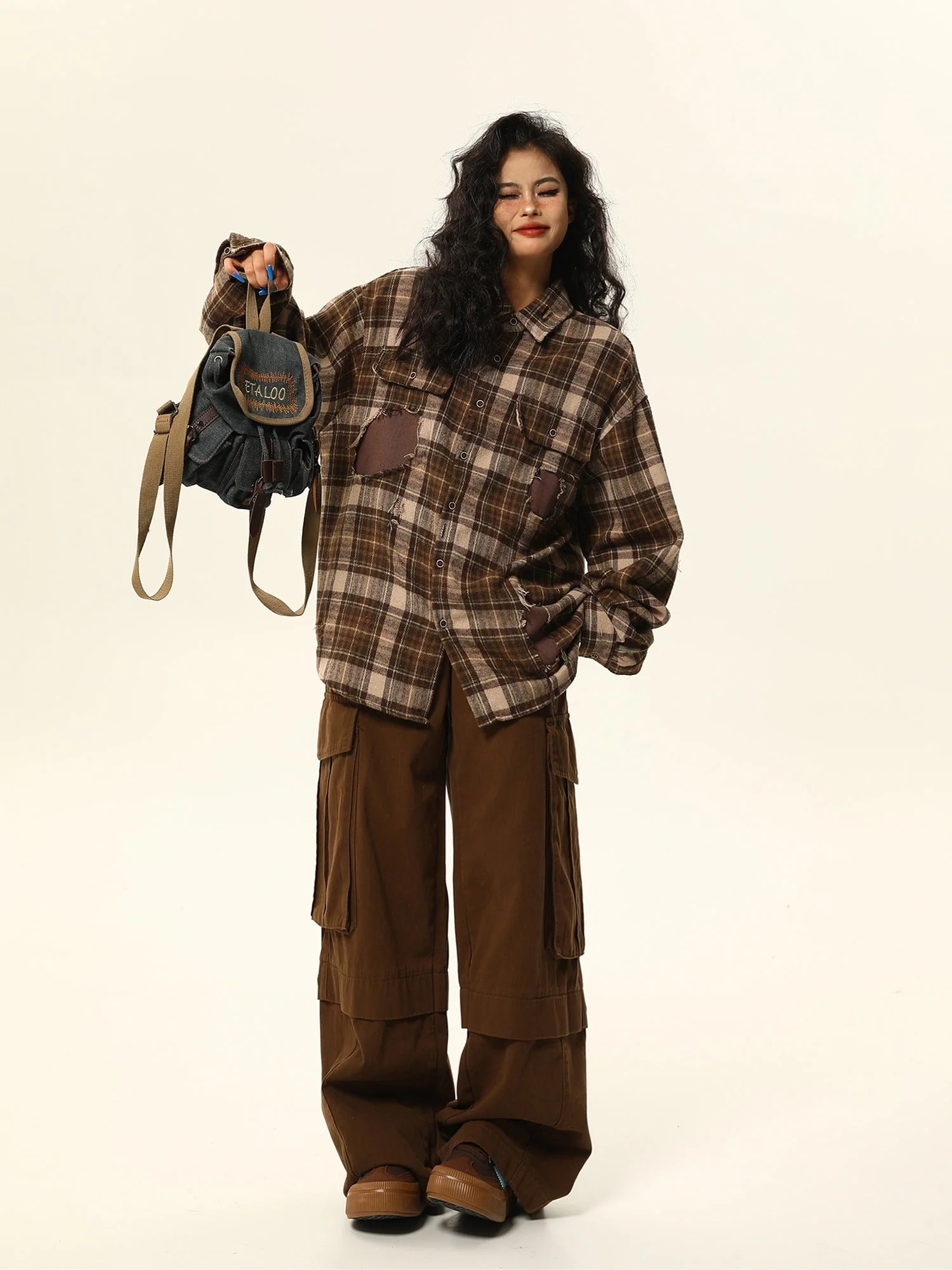 Oversized Distressed Plaid Flannel Shirt with Intentional Patches - Image 4