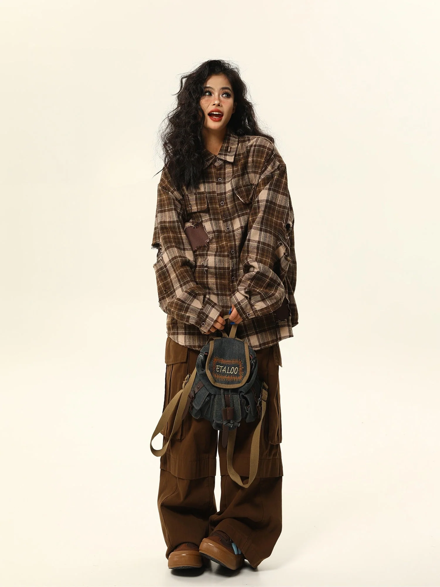 Oversized Distressed Plaid Flannel Shirt with Intentional Patches - Image 5