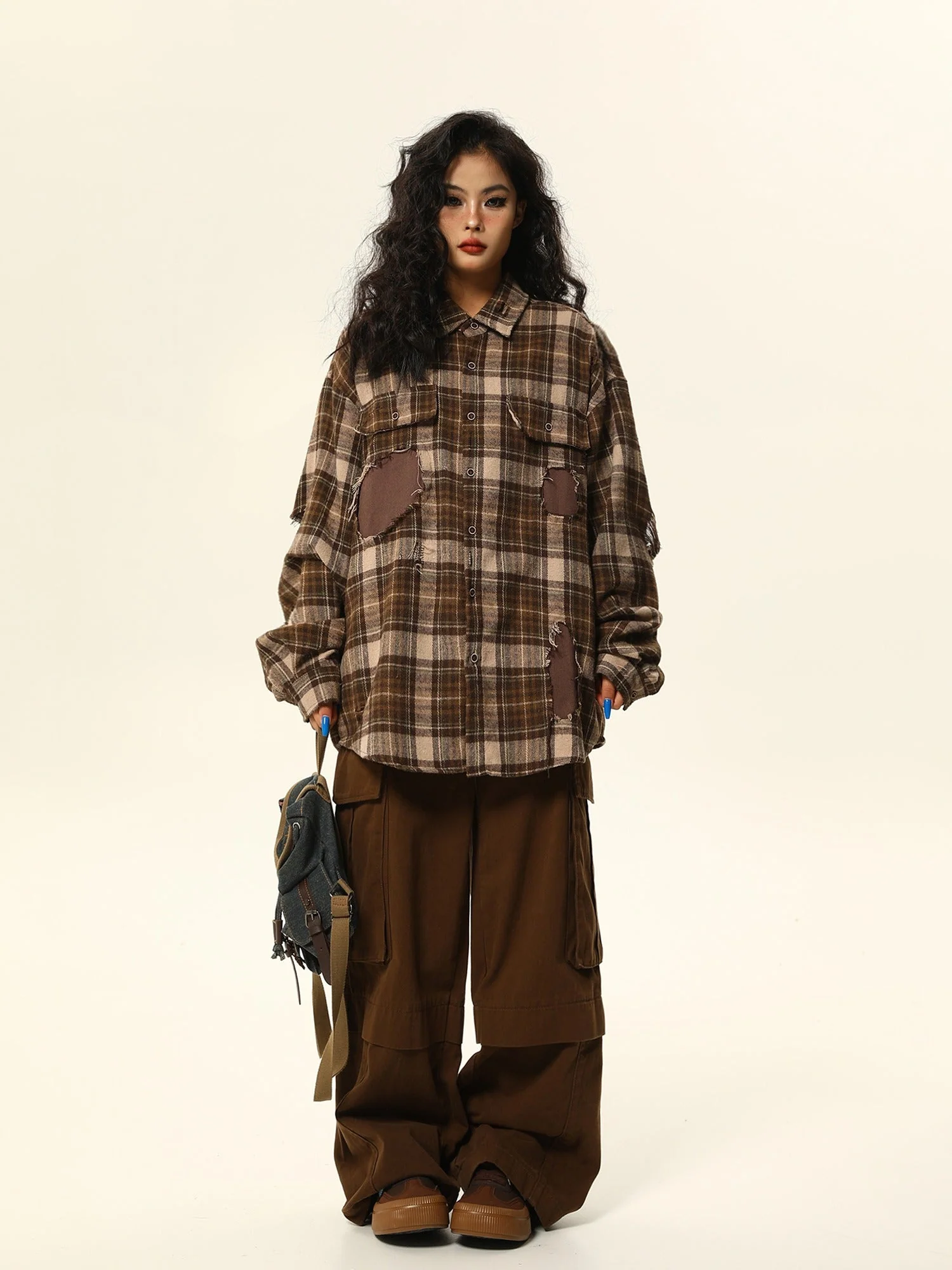 Oversized Distressed Plaid Flannel Shirt with Intentional Patches - Image 6
