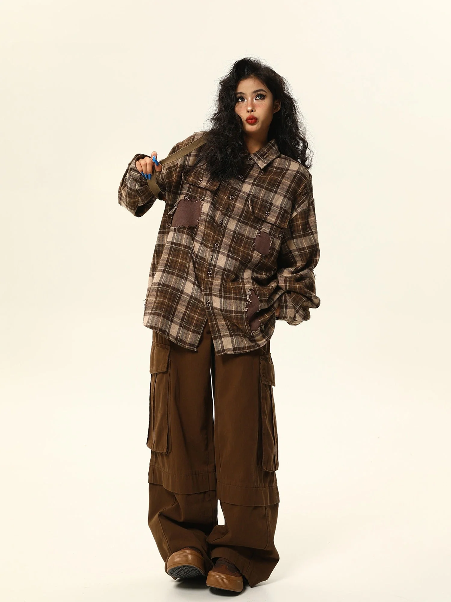 Oversized Distressed Plaid Flannel Shirt with Intentional Patches - Image 7