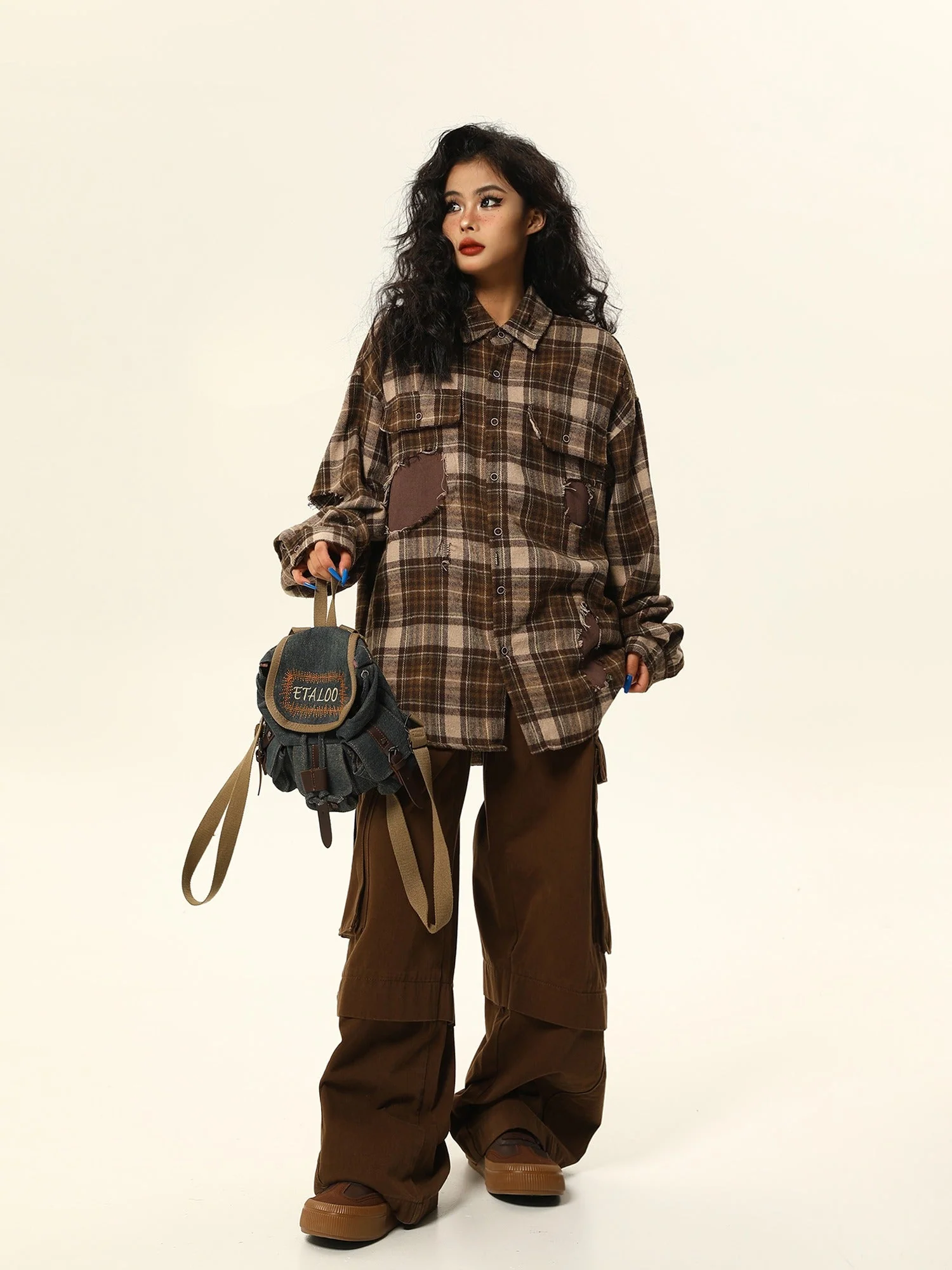Oversized Distressed Plaid Flannel Shirt with Intentional Patches - Image 8