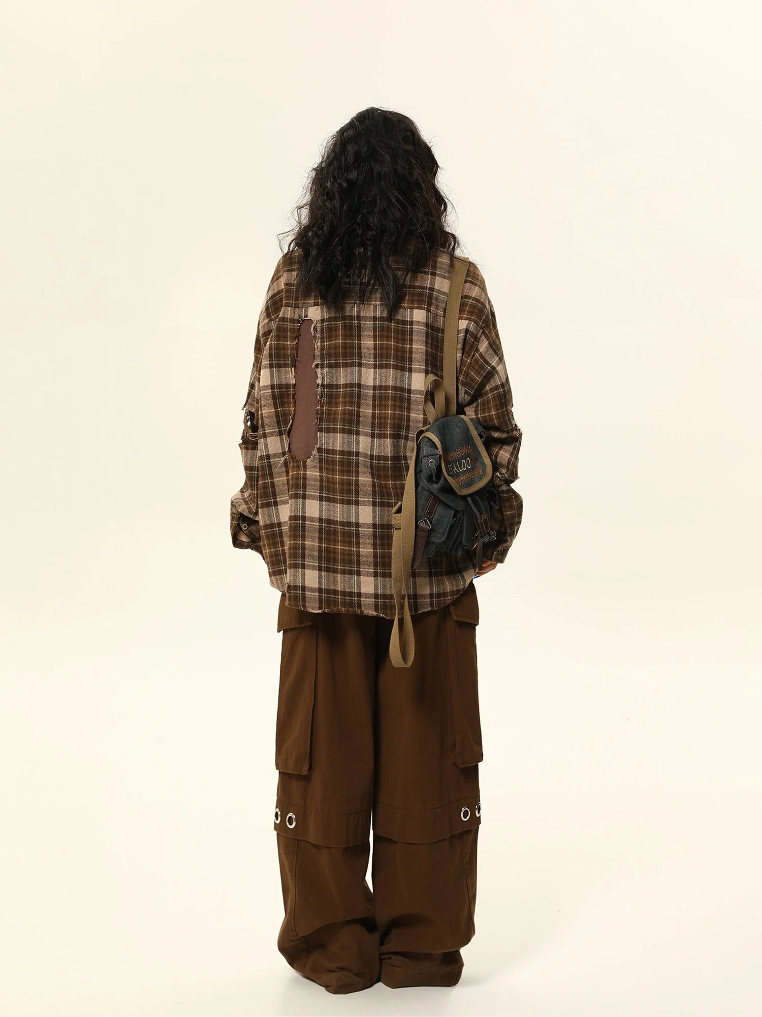 Oversized Distressed Plaid Flannel Shirt with Intentional Patches - Image 9