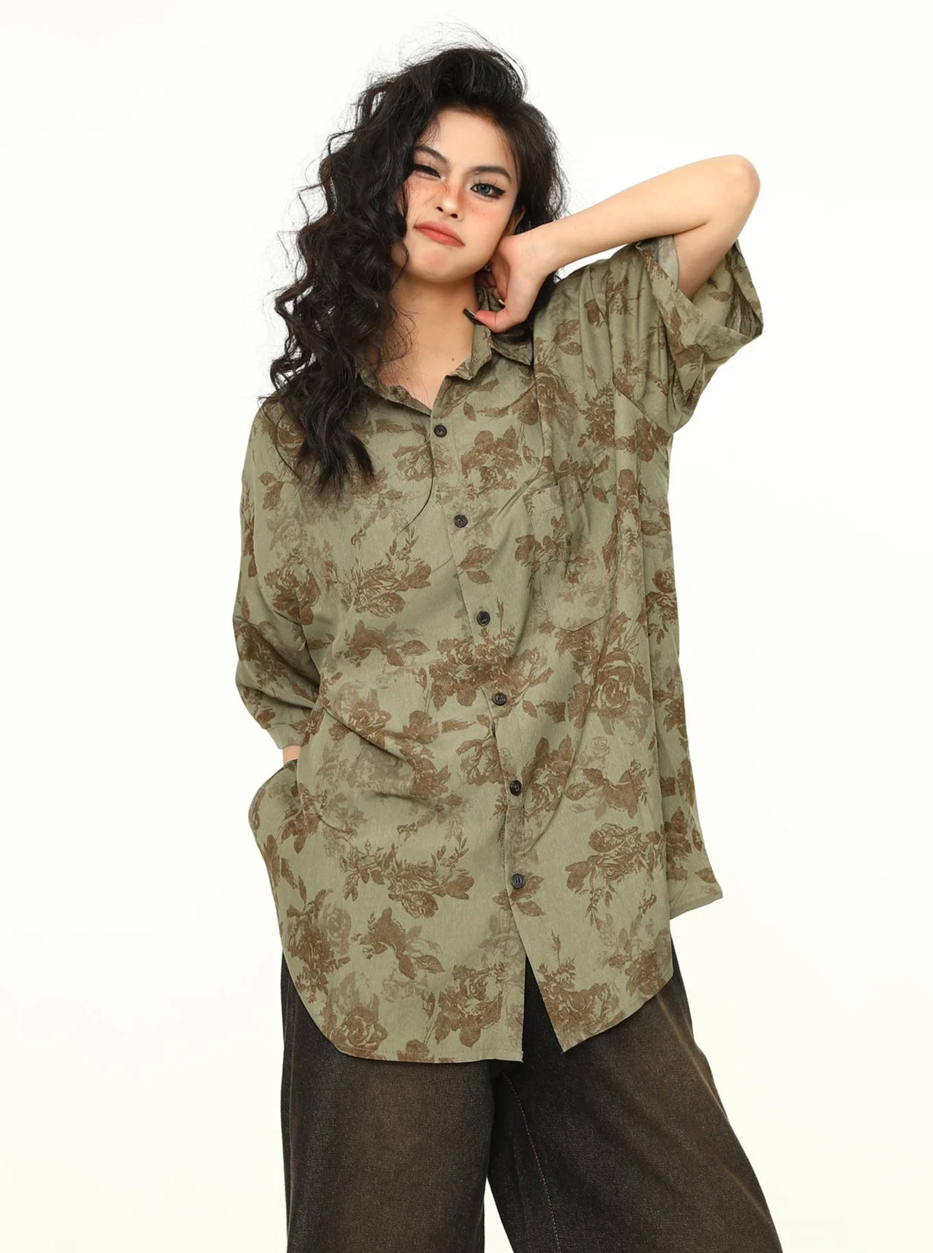Oversized Floral Print Button-Down Shirt - Image 4