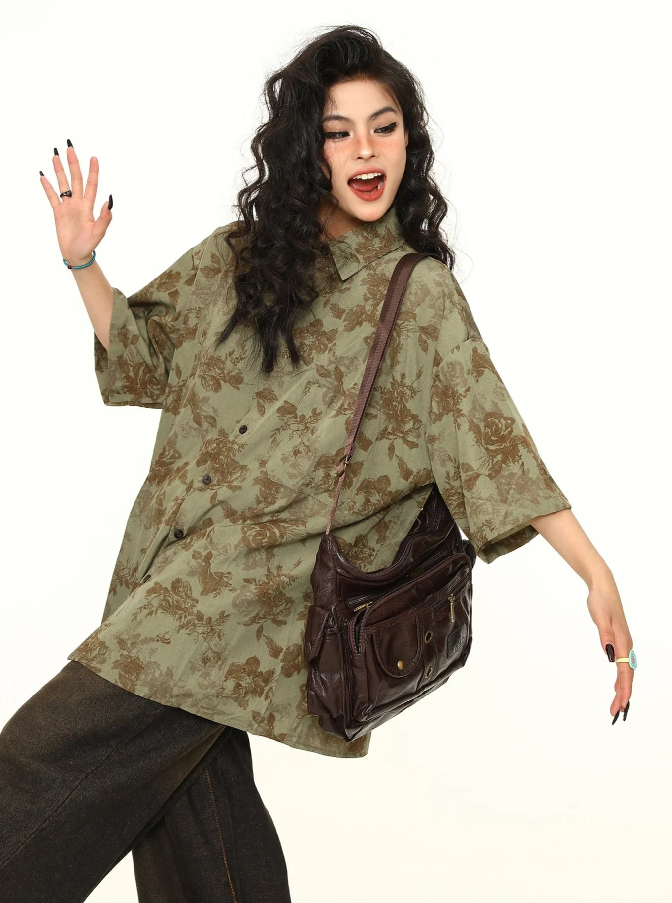 Oversized Floral Print Button-Down Shirt - Image 6