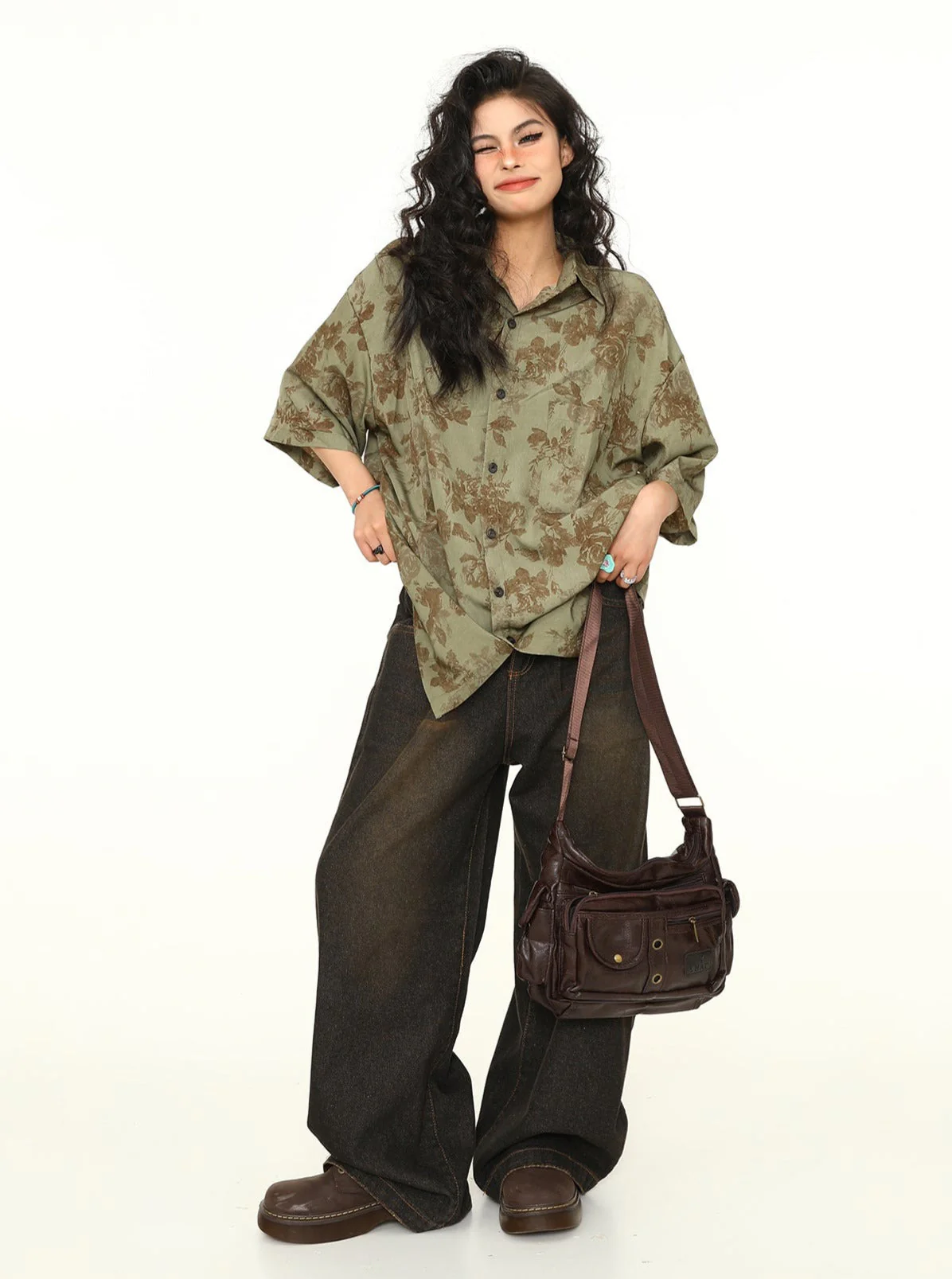 Oversized Floral Print Button-Down Shirt - Image 9
