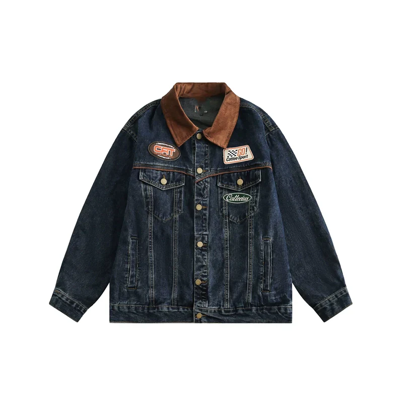 Racing Patch Denim Jacket with Corduroy Collar - Image 13