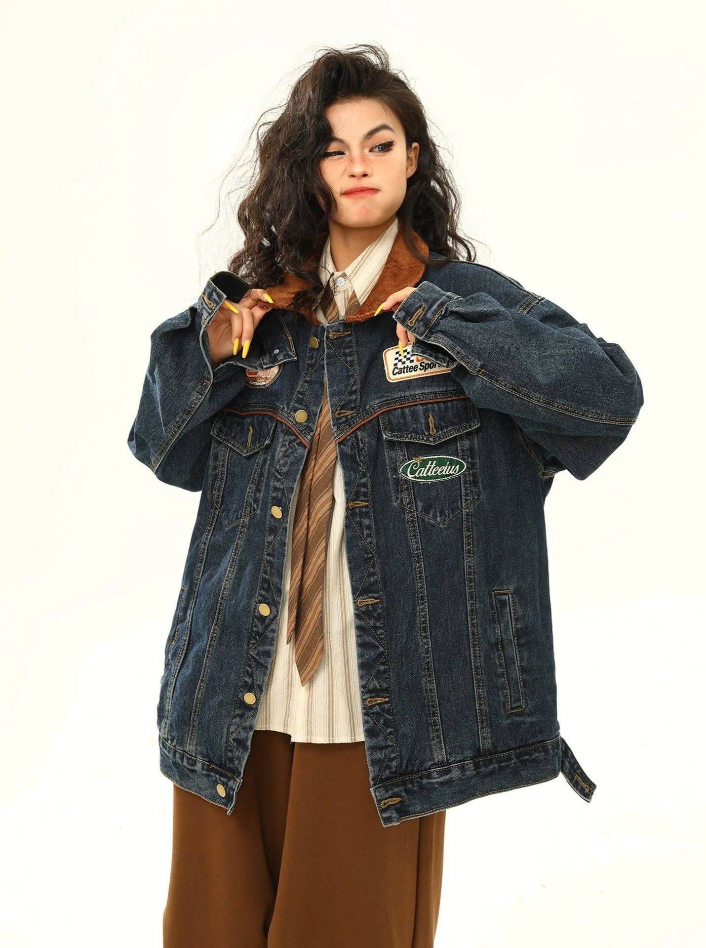 Racing Patch Denim Jacket with Corduroy Collar - Image 3