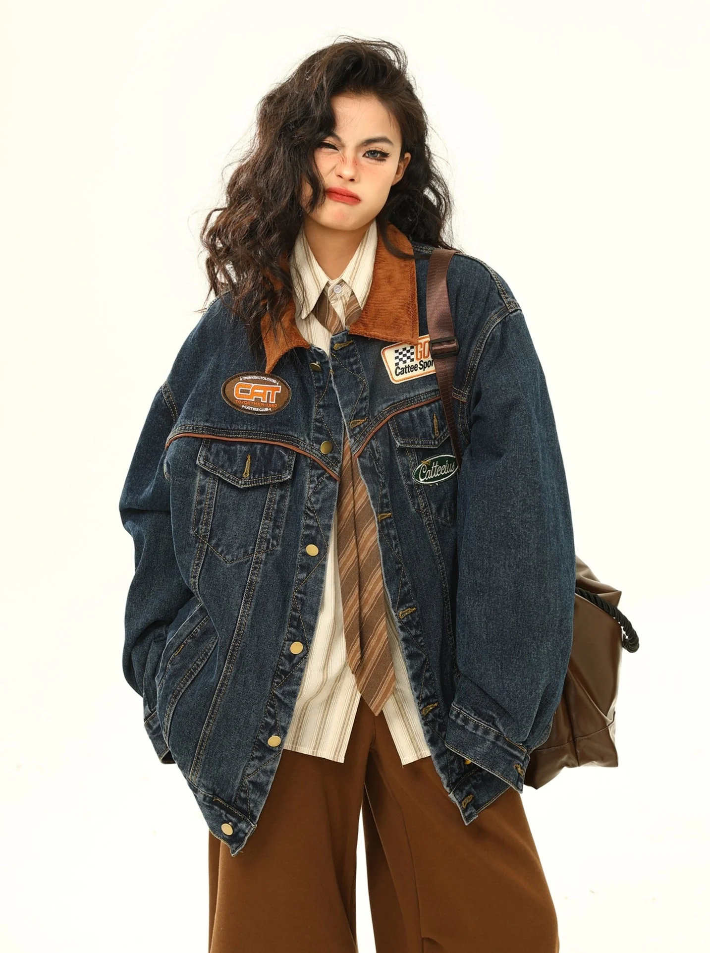 Racing Patch Denim Jacket with Corduroy Collar - Image 4