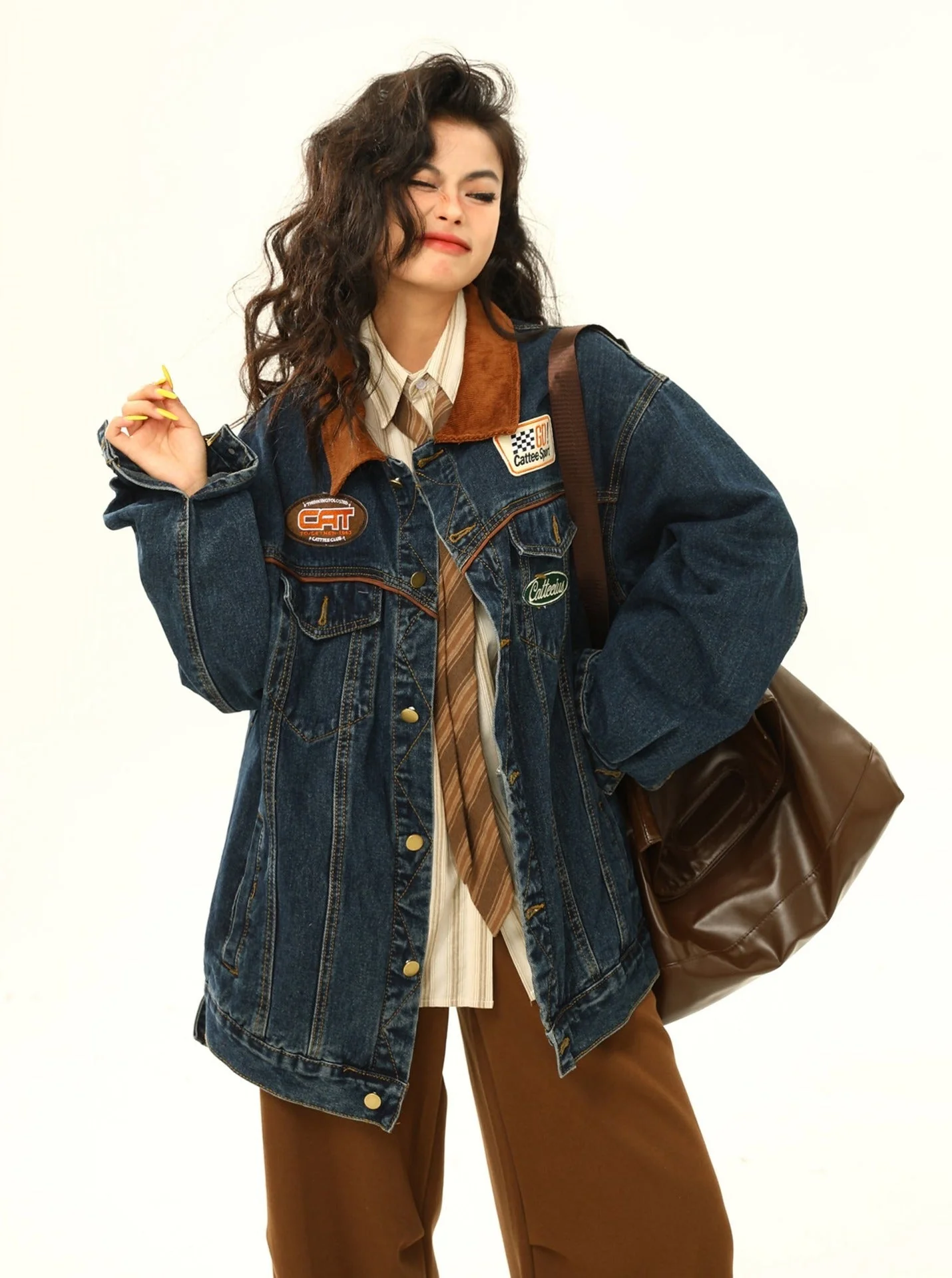 Racing Patch Denim Jacket with Corduroy Collar - Image 5