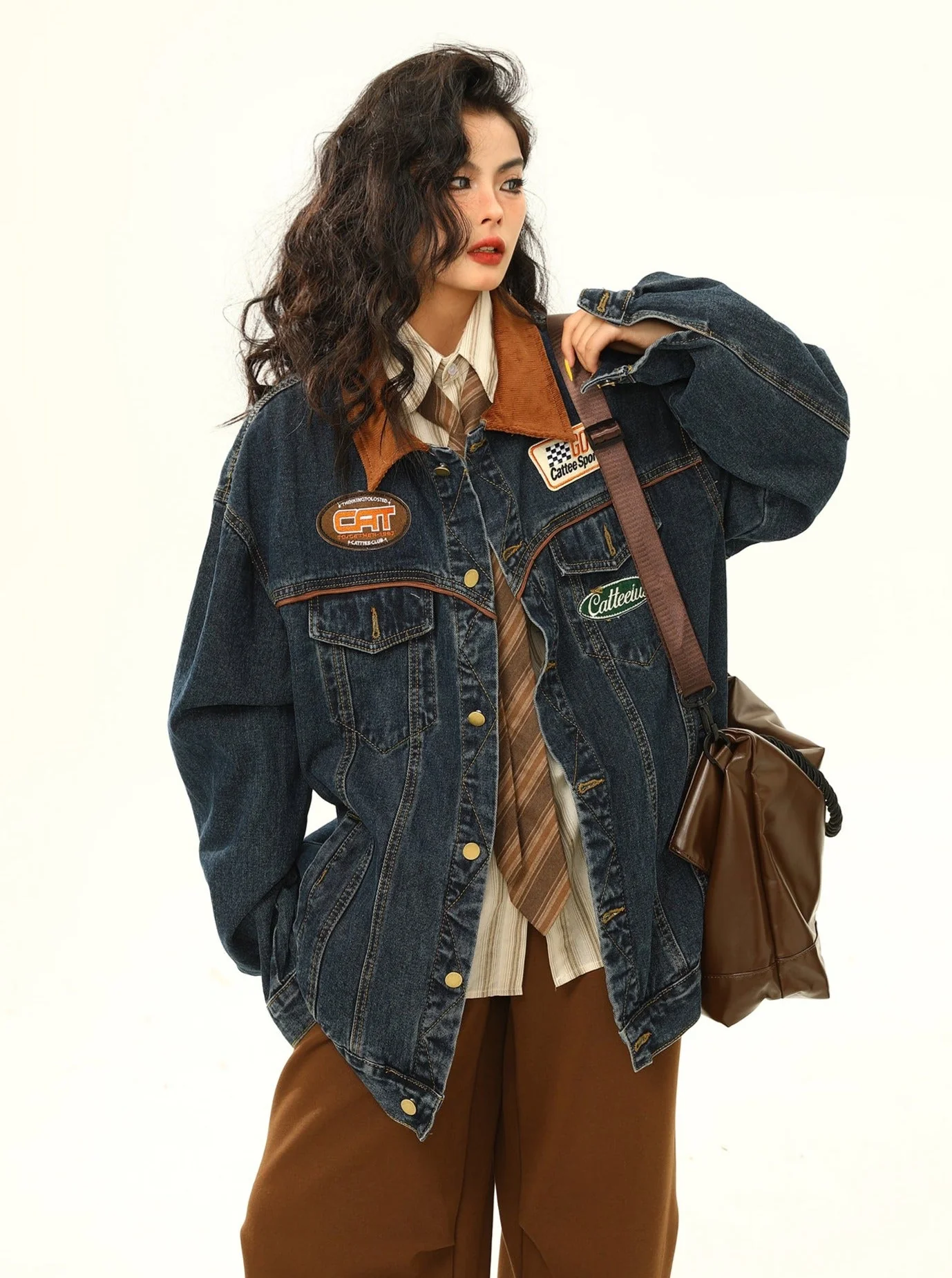 Racing Patch Denim Jacket with Corduroy Collar - Image 7