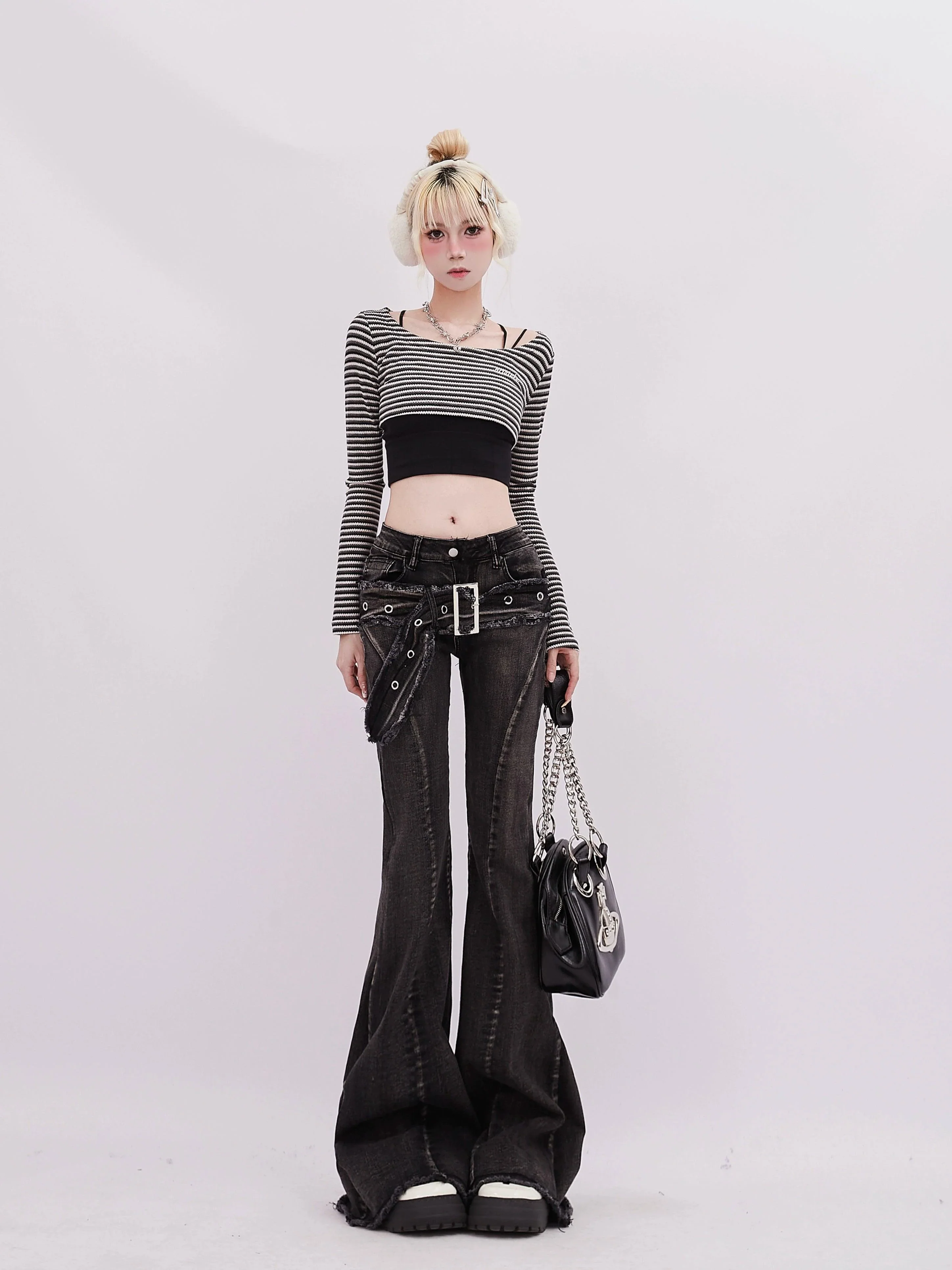 Rayohopp Retro Flared Denim Jeans - Distressed Gray Wash With Detachable Belt And Raw Hem - Image 2
