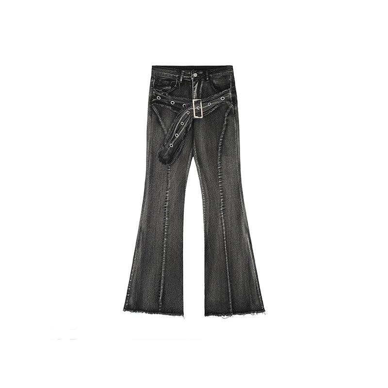 Rayohopp Retro Flared Denim Jeans - Distressed Gray Wash With Detachable Belt And Raw Hem - Image 3