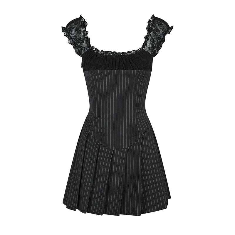 Pinstripe Lace-Trim Mini Dress - Women'S Cap Sleeve Square Neck Fit And Flare Cocktail Dress - Image 12