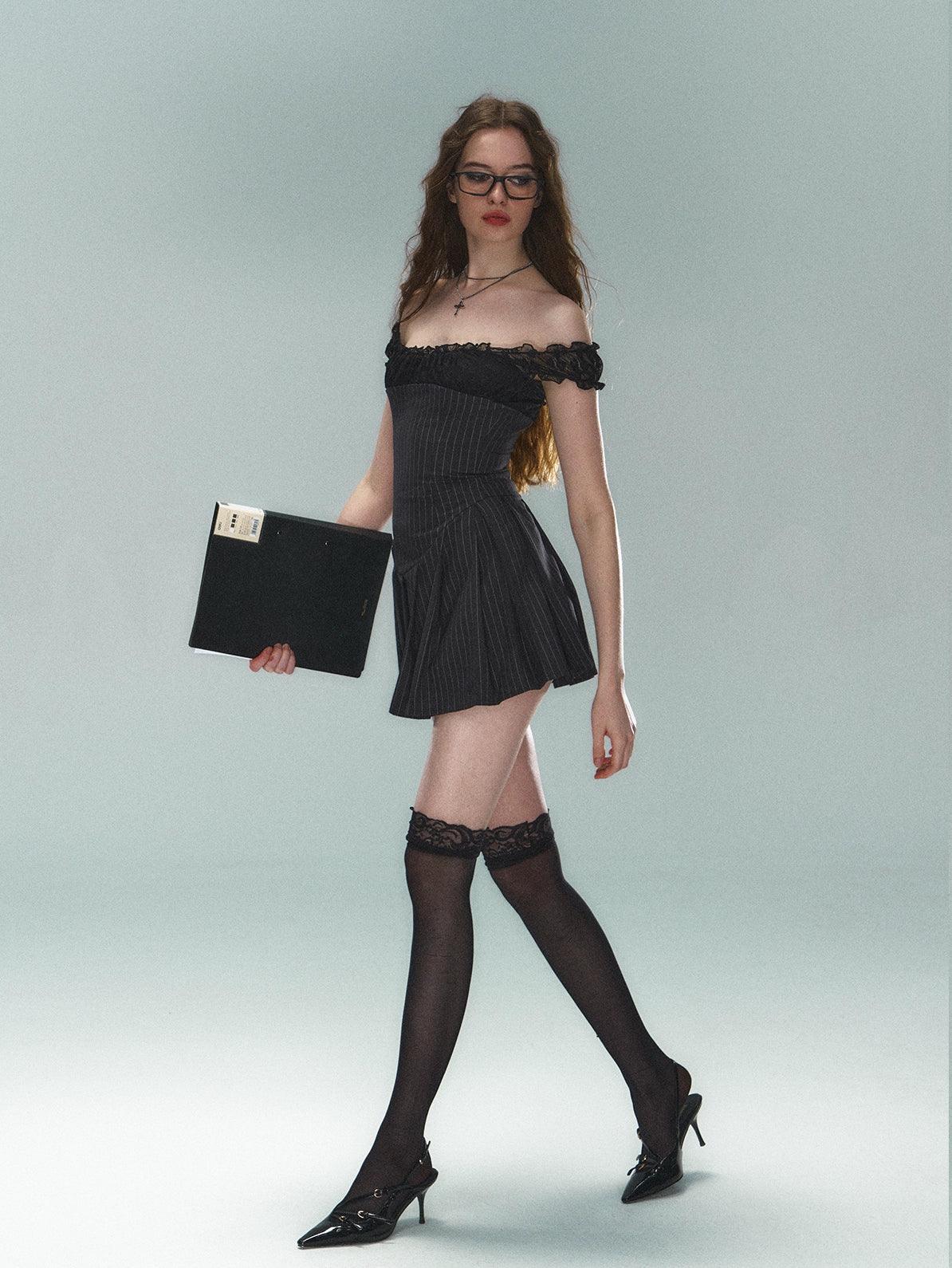 Pinstripe Lace-Trim Mini Dress - Women'S Cap Sleeve Square Neck Fit And Flare Cocktail Dress - Image 3