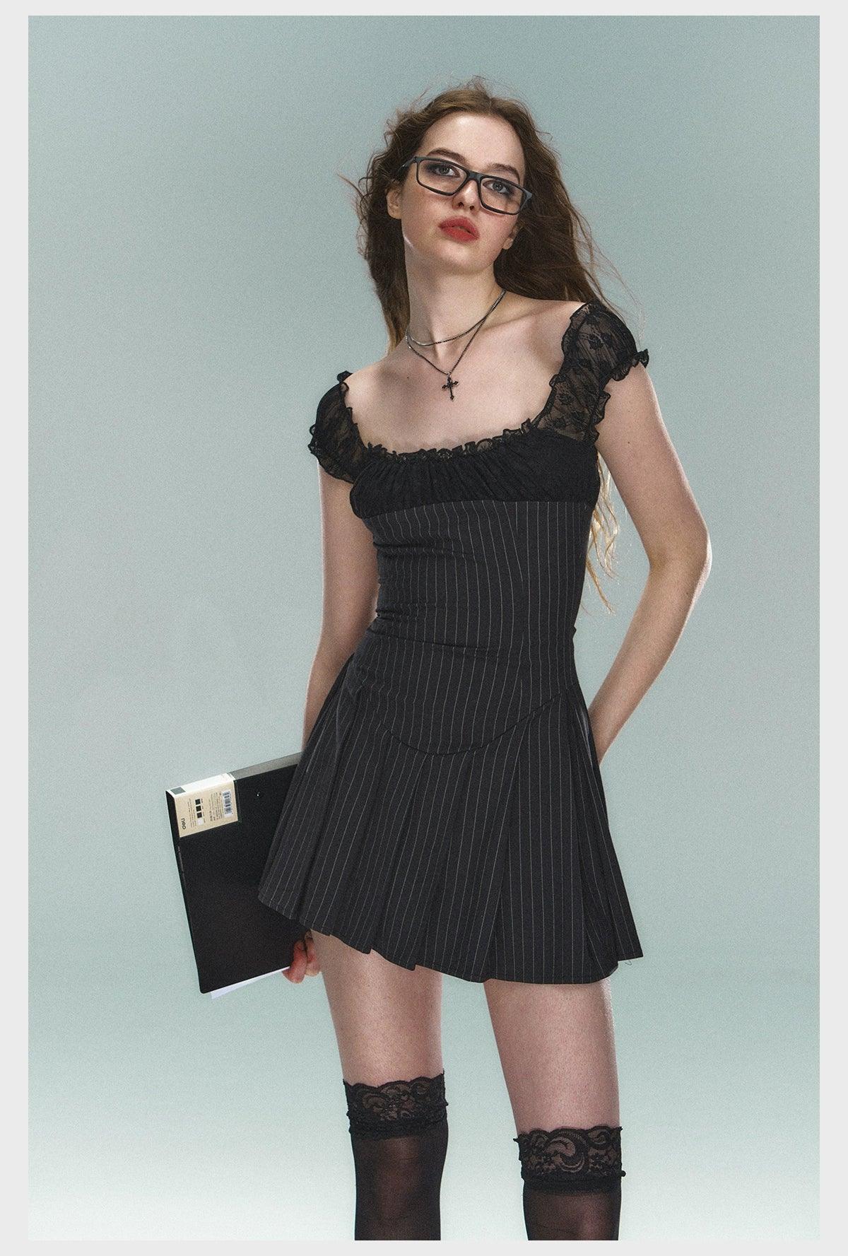 Pinstripe Lace-Trim Mini Dress - Women'S Cap Sleeve Square Neck Fit And Flare Cocktail Dress - Image 4