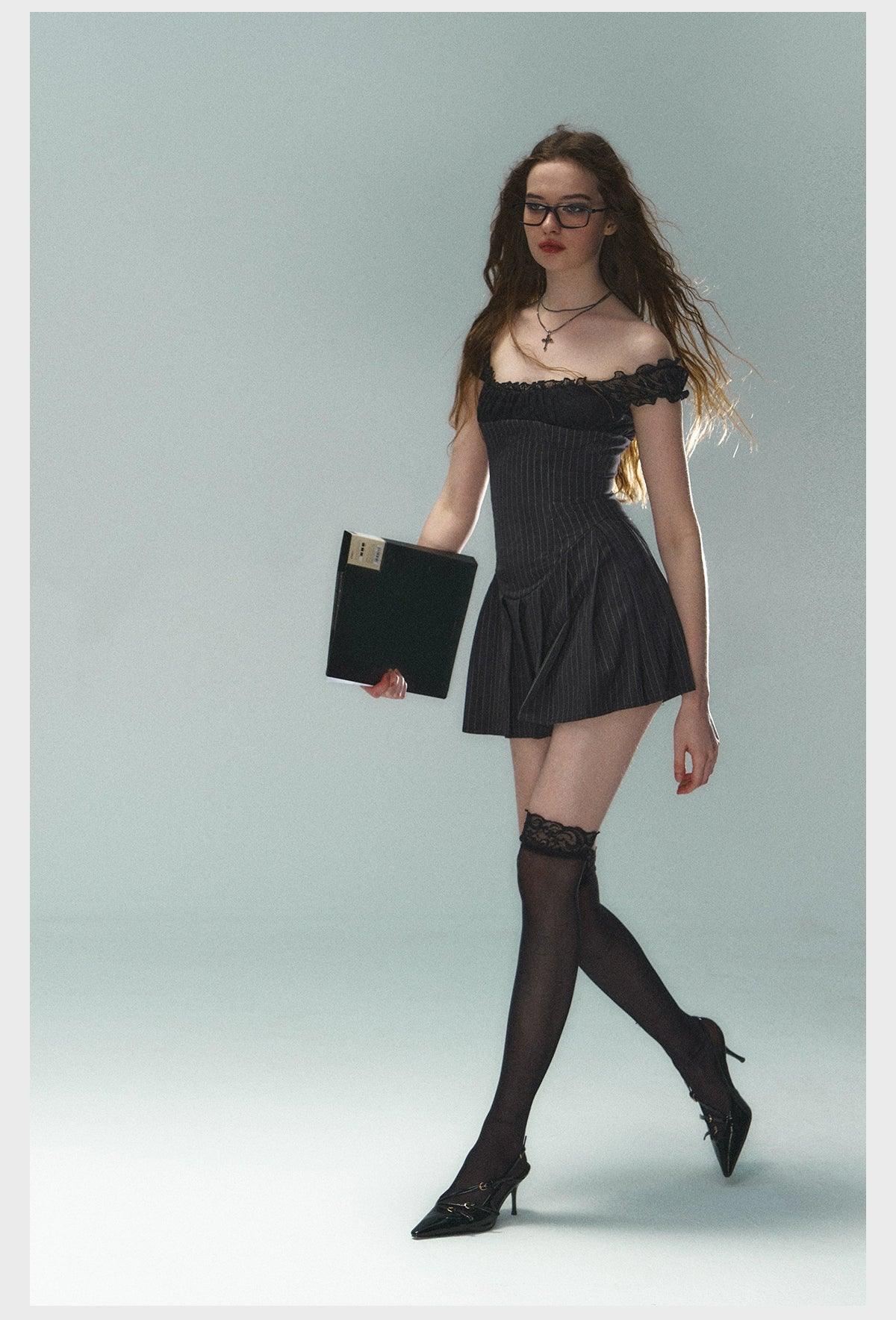 Pinstripe Lace-Trim Mini Dress - Women'S Cap Sleeve Square Neck Fit And Flare Cocktail Dress - Image 5