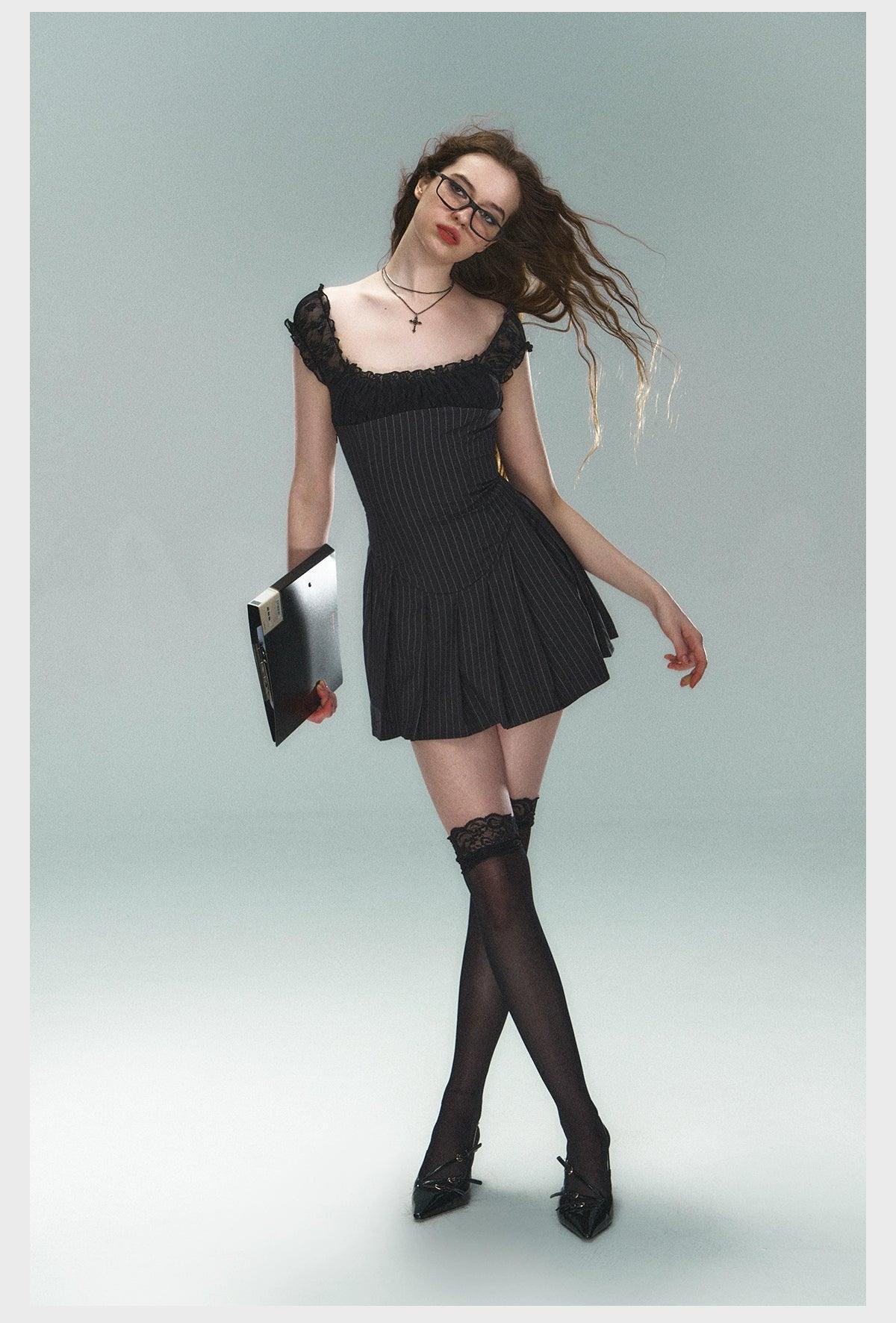 Pinstripe Lace-Trim Mini Dress - Women'S Cap Sleeve Square Neck Fit And Flare Cocktail Dress - Image 6