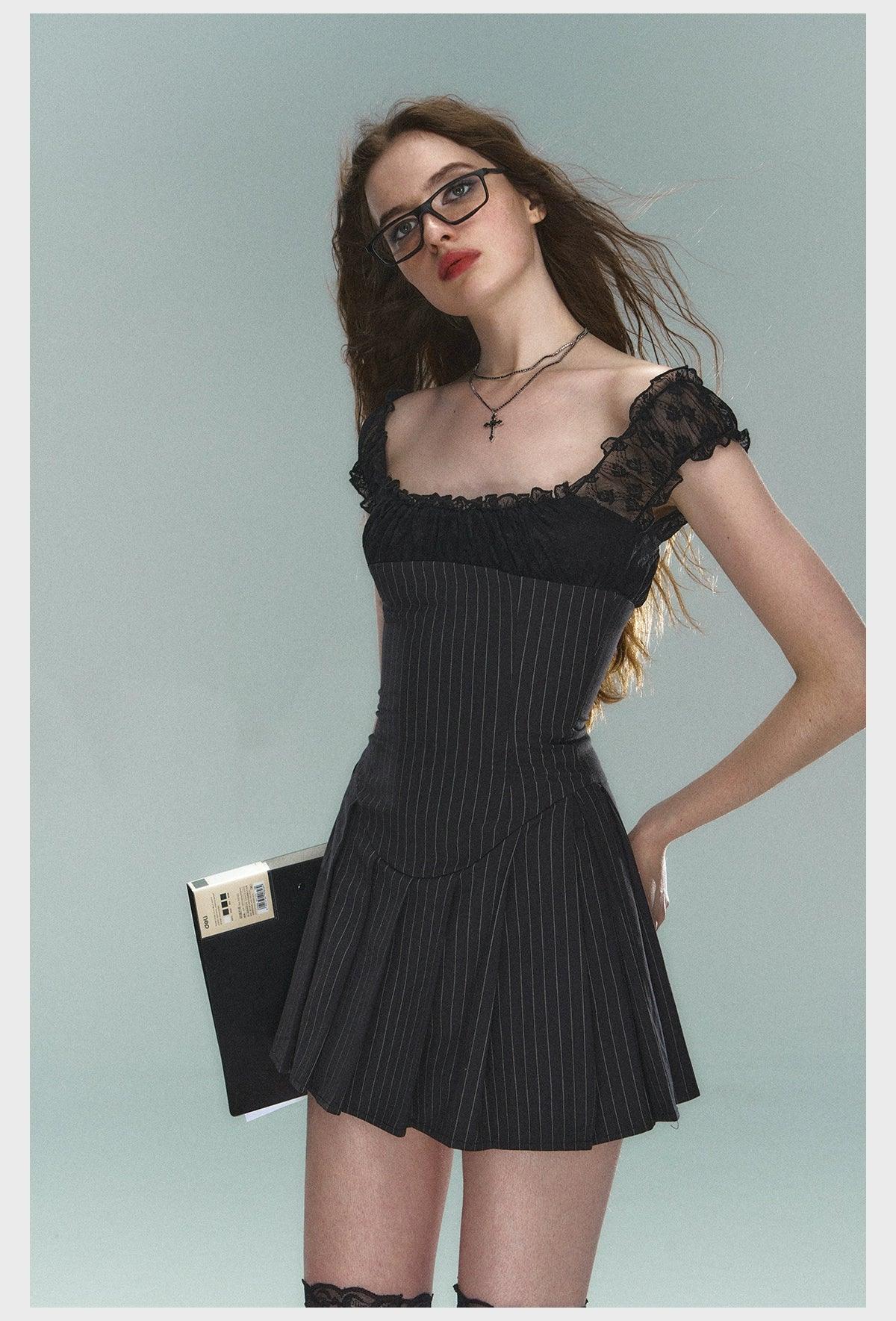 Pinstripe Lace-Trim Mini Dress - Women'S Cap Sleeve Square Neck Fit And Flare Cocktail Dress - Image 7