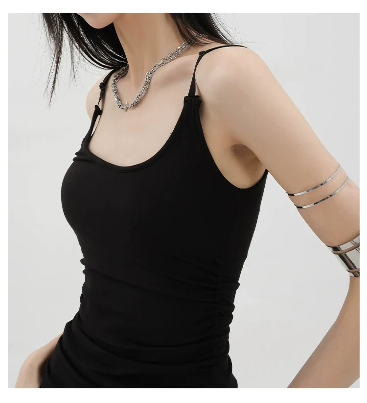 Black Asymmetric Ribbon Strap Tank Top With Ruffle Edge Design - Image 11