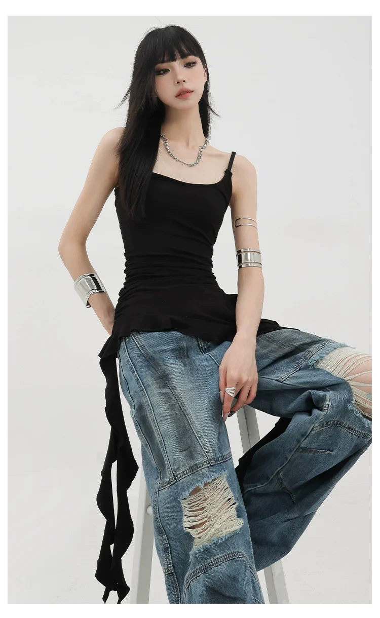 Black Asymmetric Ribbon Strap Tank Top With Ruffle Edge Design - Image 12