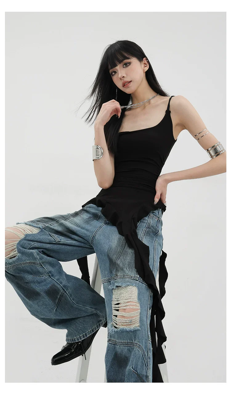 Black Asymmetric Ribbon Strap Tank Top With Ruffle Edge Design - Image 13