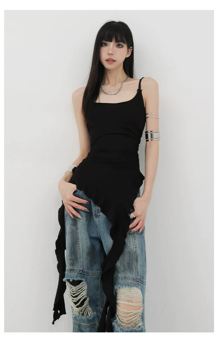 Black Asymmetric Ribbon Strap Tank Top With Ruffle Edge Design - Image 14