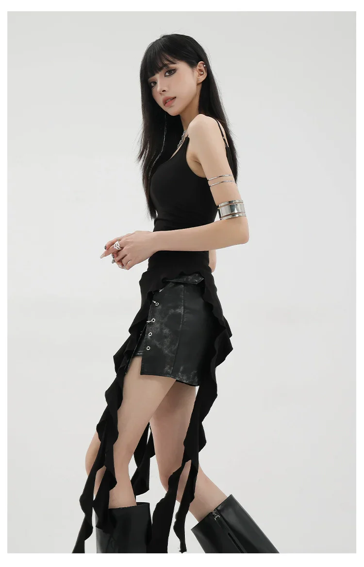 Black Asymmetric Ribbon Strap Tank Top With Ruffle Edge Design - Image 16