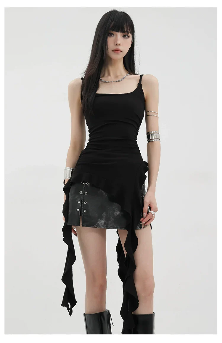 Black Asymmetric Ribbon Strap Tank Top With Ruffle Edge Design - Image 19