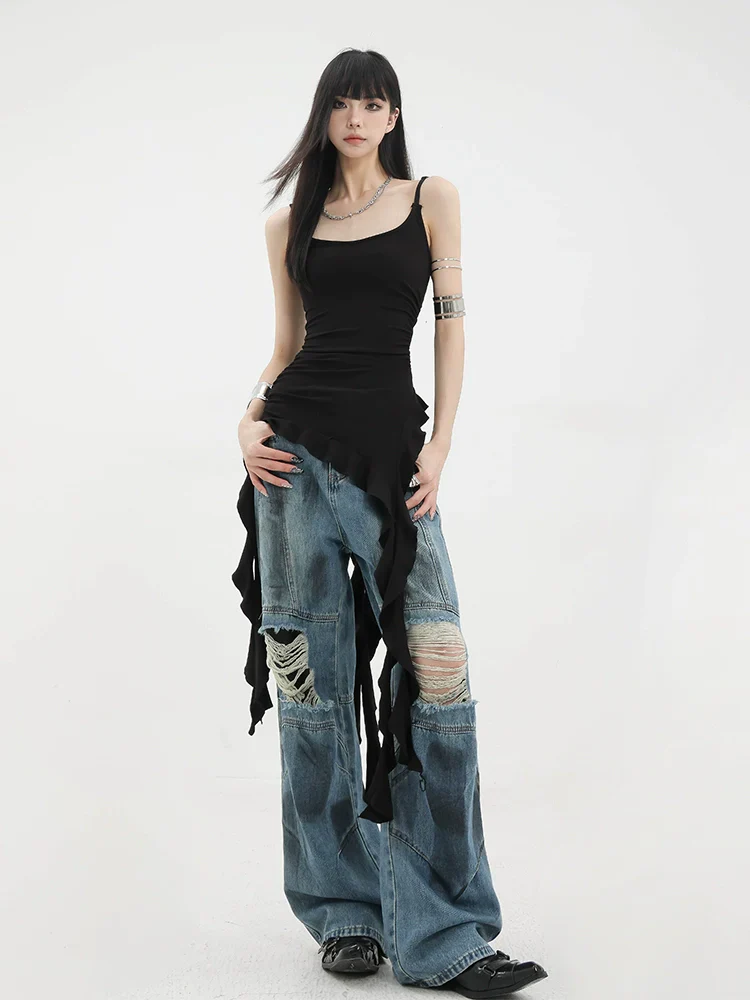 Black Asymmetric Ribbon Strap Tank Top With Ruffle Edge Design - Image 2