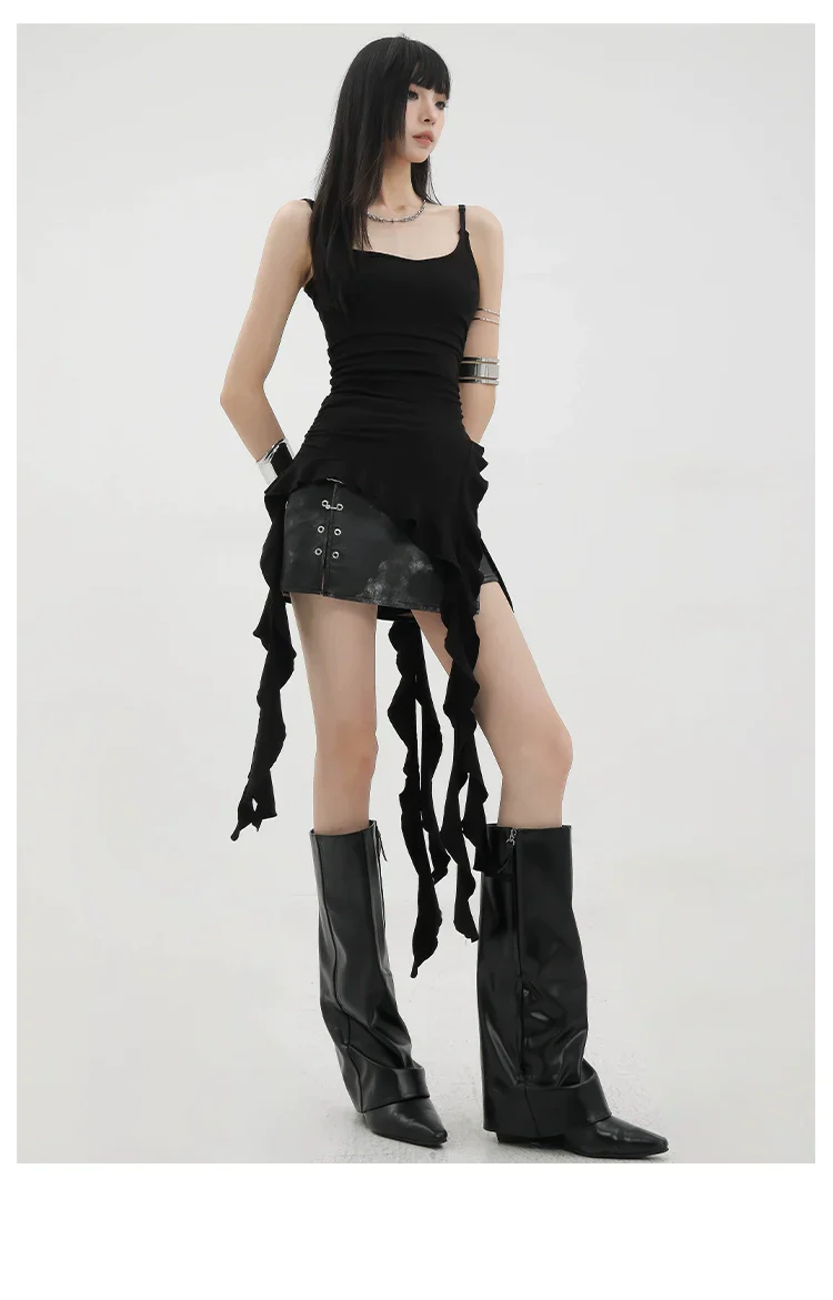 Black Asymmetric Ribbon Strap Tank Top With Ruffle Edge Design - Image 20