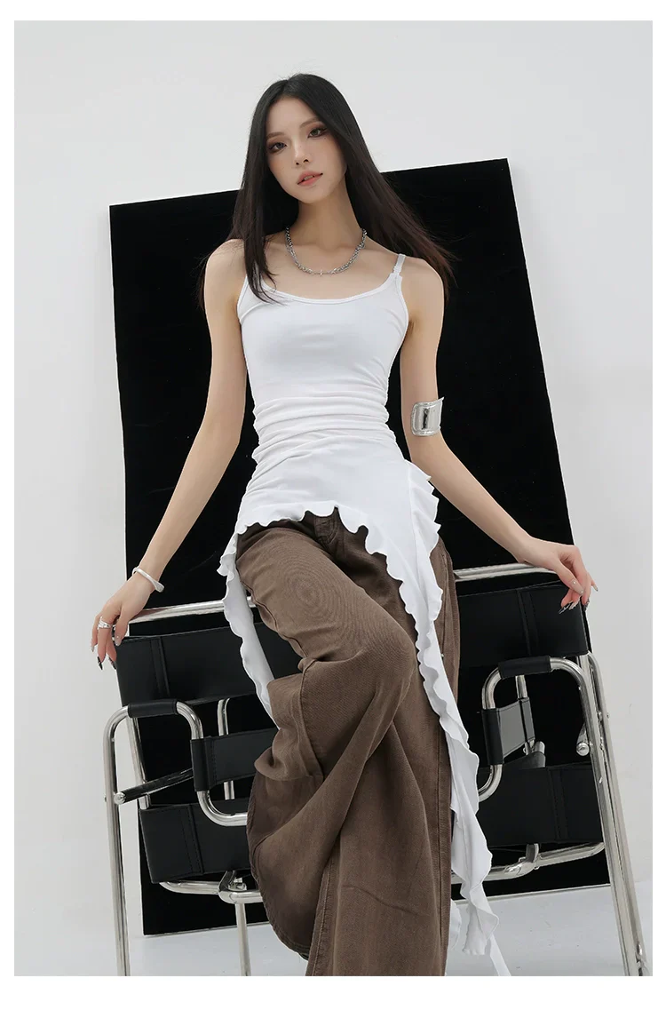Black Asymmetric Ribbon Strap Tank Top With Ruffle Edge Design - Image 21