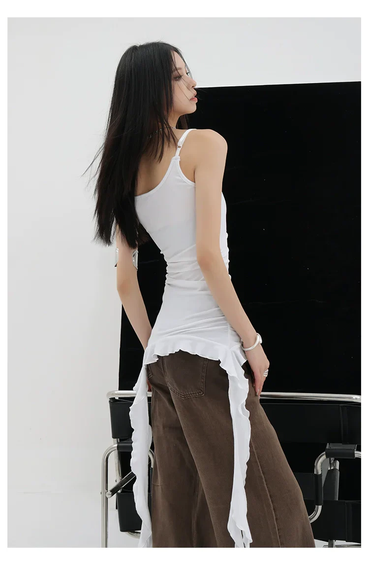 Black Asymmetric Ribbon Strap Tank Top With Ruffle Edge Design - Image 23