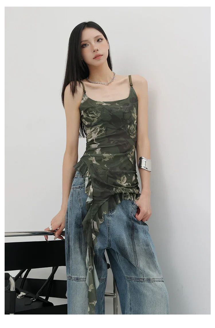 Black Asymmetric Ribbon Strap Tank Top With Ruffle Edge Design - Image 24