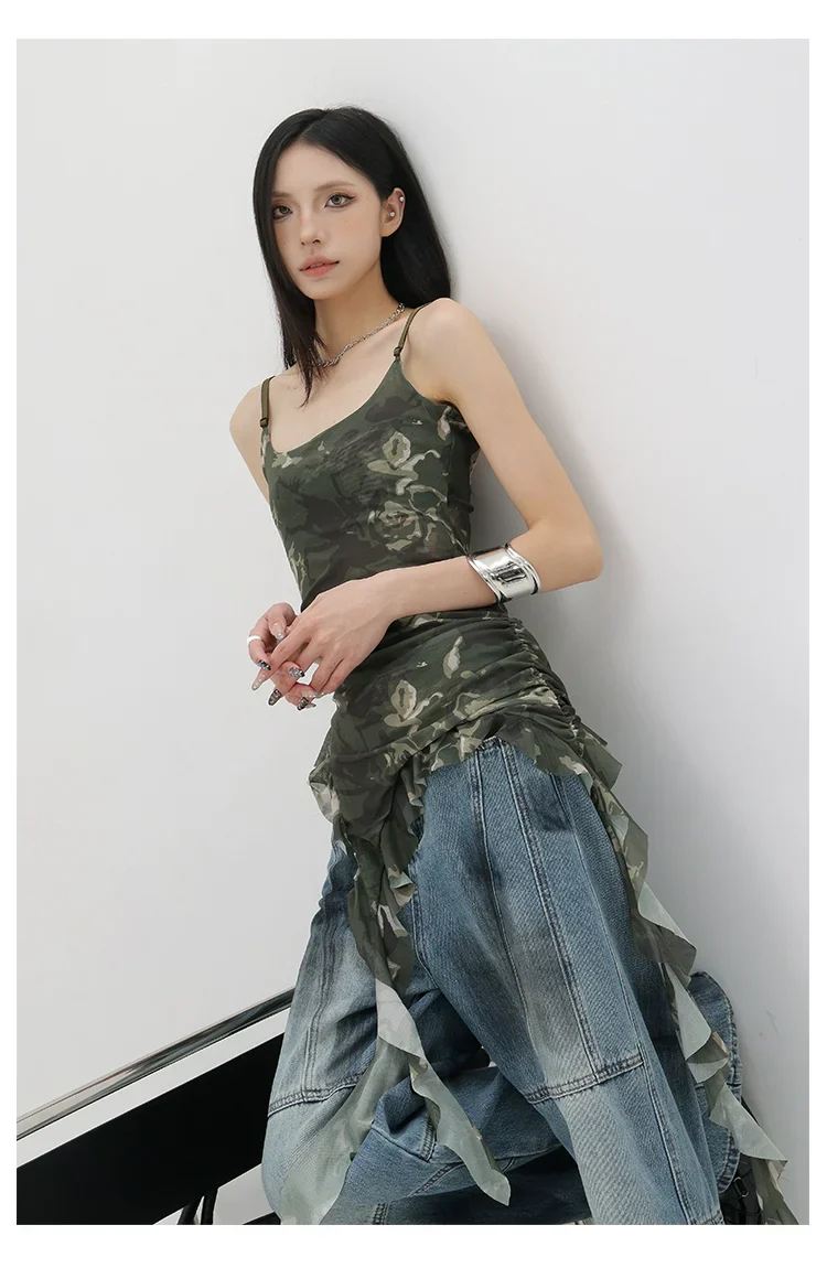 Black Asymmetric Ribbon Strap Tank Top With Ruffle Edge Design - Image 25