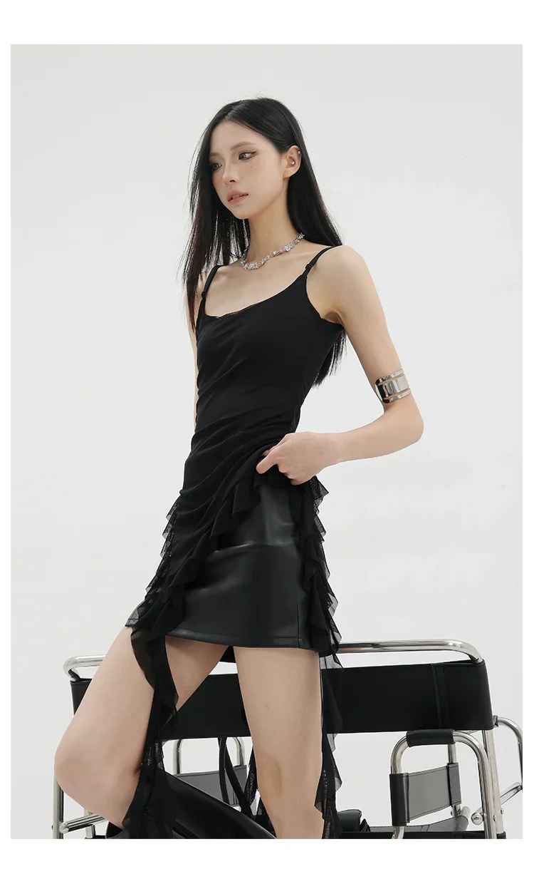 Black Asymmetric Ribbon Strap Tank Top With Ruffle Edge Design - Image 27