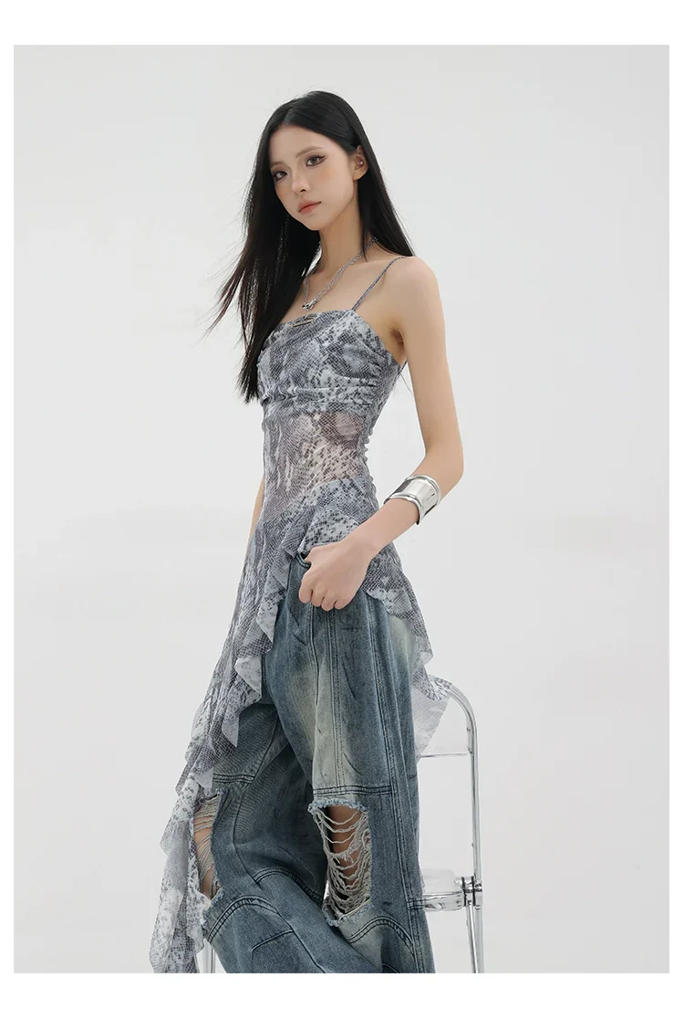 Black Asymmetric Ribbon Strap Tank Top With Ruffle Edge Design - Image 29