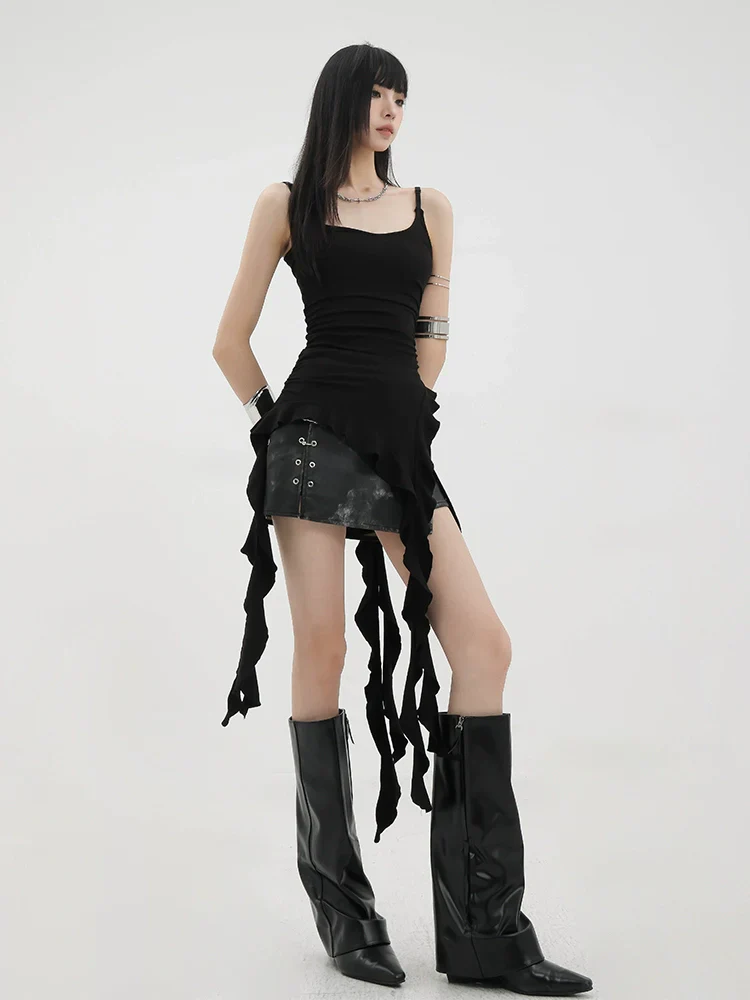 Black Asymmetric Ribbon Strap Tank Top With Ruffle Edge Design - Image 3
