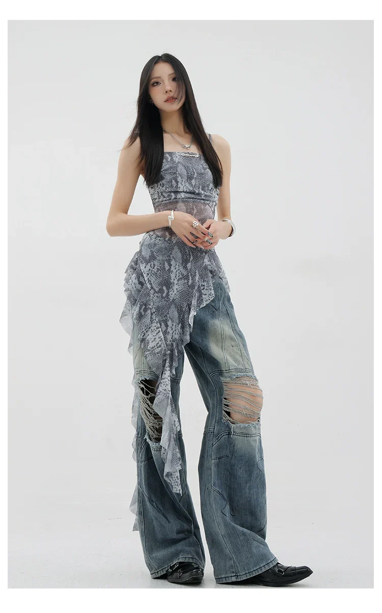 Black Asymmetric Ribbon Strap Tank Top With Ruffle Edge Design - Image 35