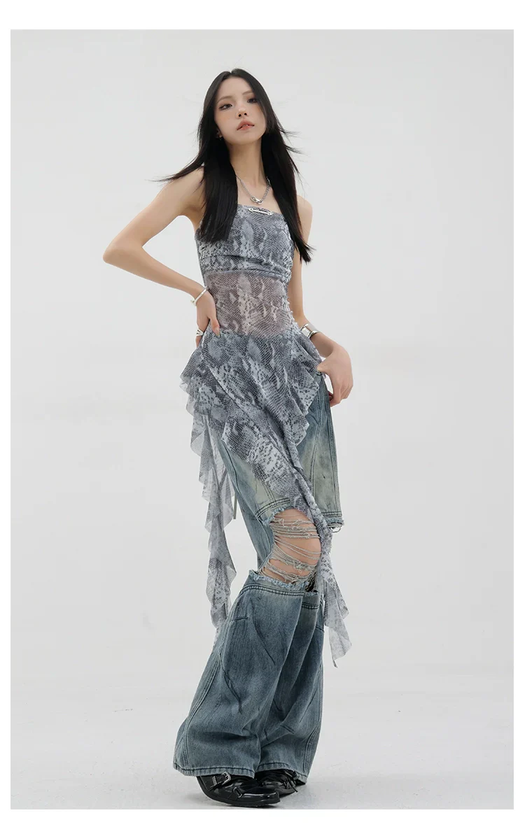 Black Asymmetric Ribbon Strap Tank Top With Ruffle Edge Design - Image 36