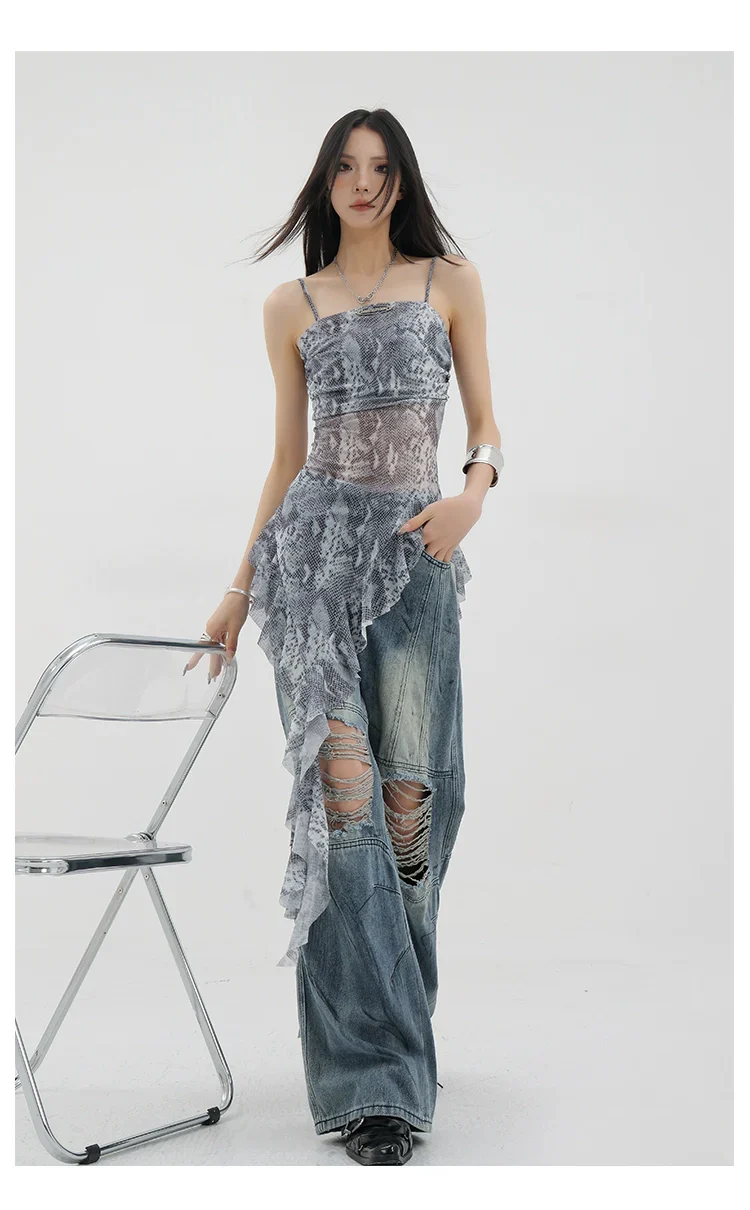 Black Asymmetric Ribbon Strap Tank Top With Ruffle Edge Design - Image 37