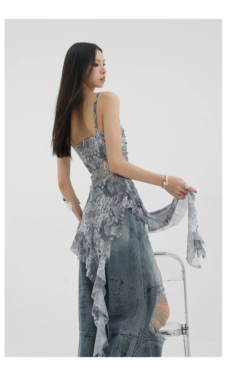 Black Asymmetric Ribbon Strap Tank Top With Ruffle Edge Design - Image 40
