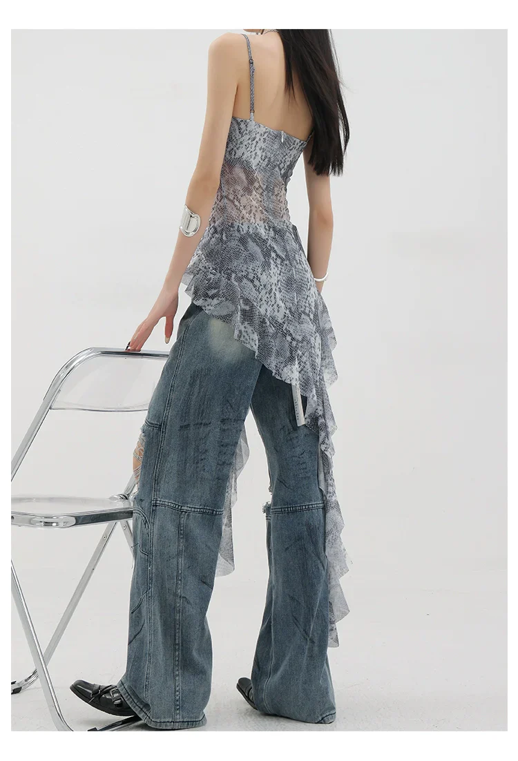 Black Asymmetric Ribbon Strap Tank Top With Ruffle Edge Design - Image 41