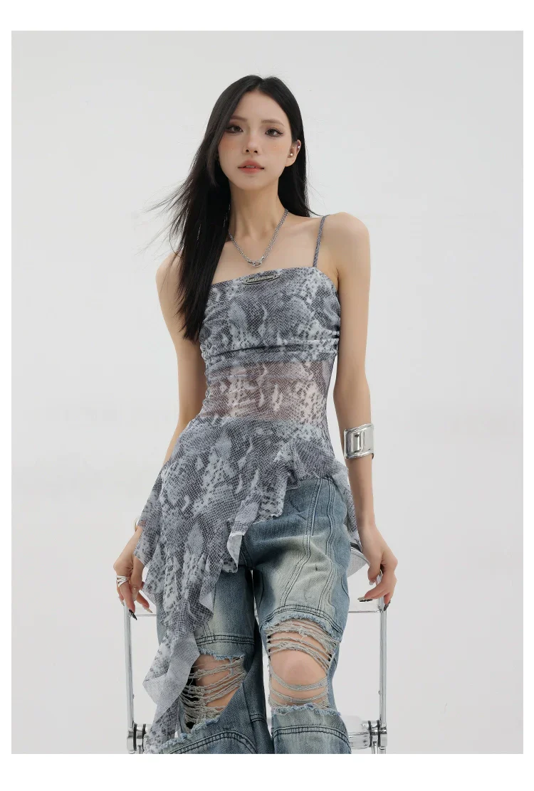 Black Asymmetric Ribbon Strap Tank Top With Ruffle Edge Design - Image 42