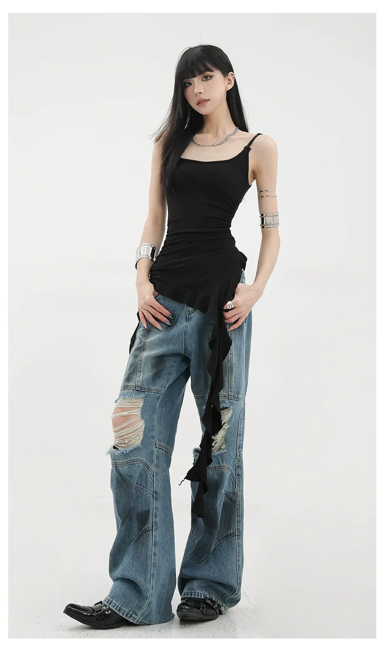 Black Asymmetric Ribbon Strap Tank Top With Ruffle Edge Design - Image 5