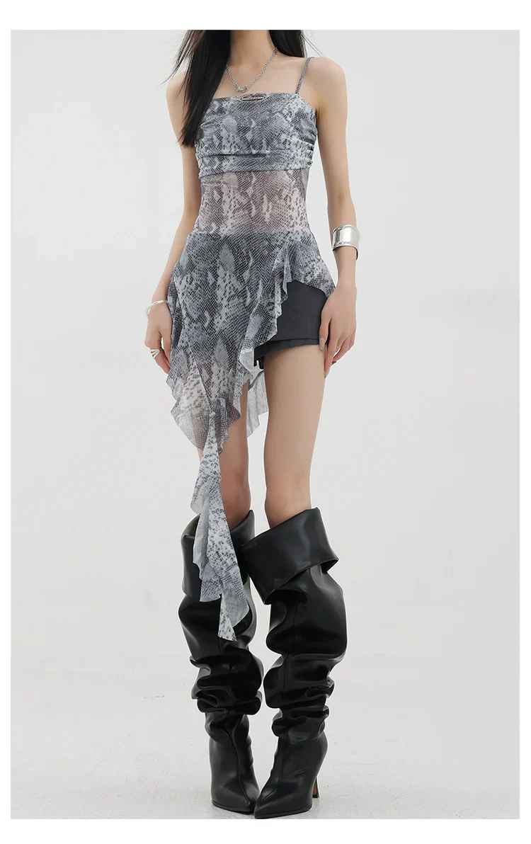 Black Asymmetric Ribbon Strap Tank Top With Ruffle Edge Design - Image 52