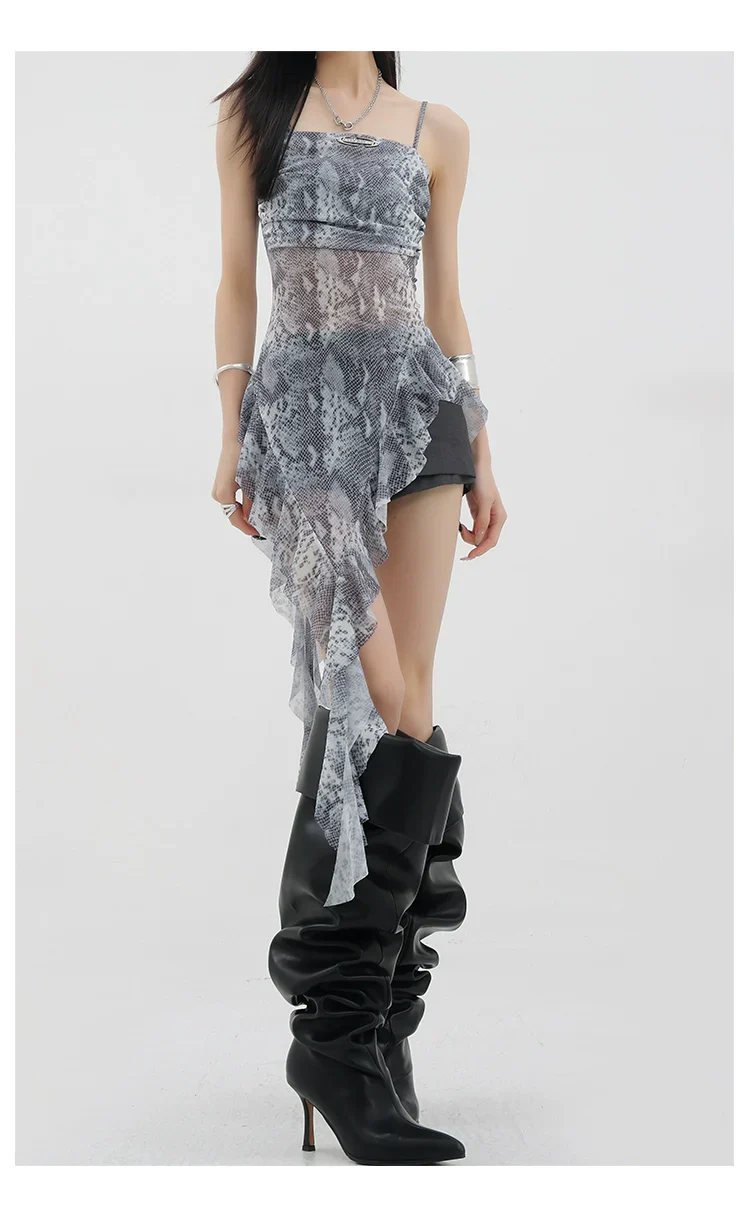 Black Asymmetric Ribbon Strap Tank Top With Ruffle Edge Design - Image 53