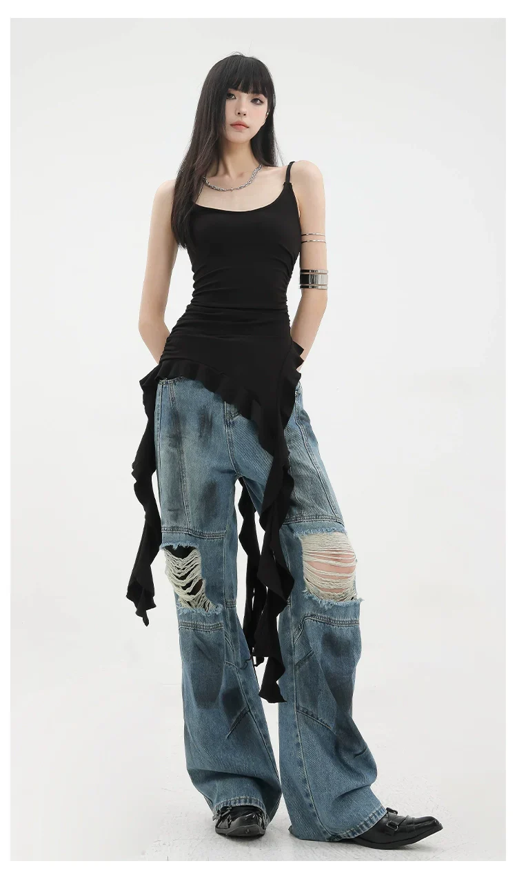 Black Asymmetric Ribbon Strap Tank Top With Ruffle Edge Design - Image 6