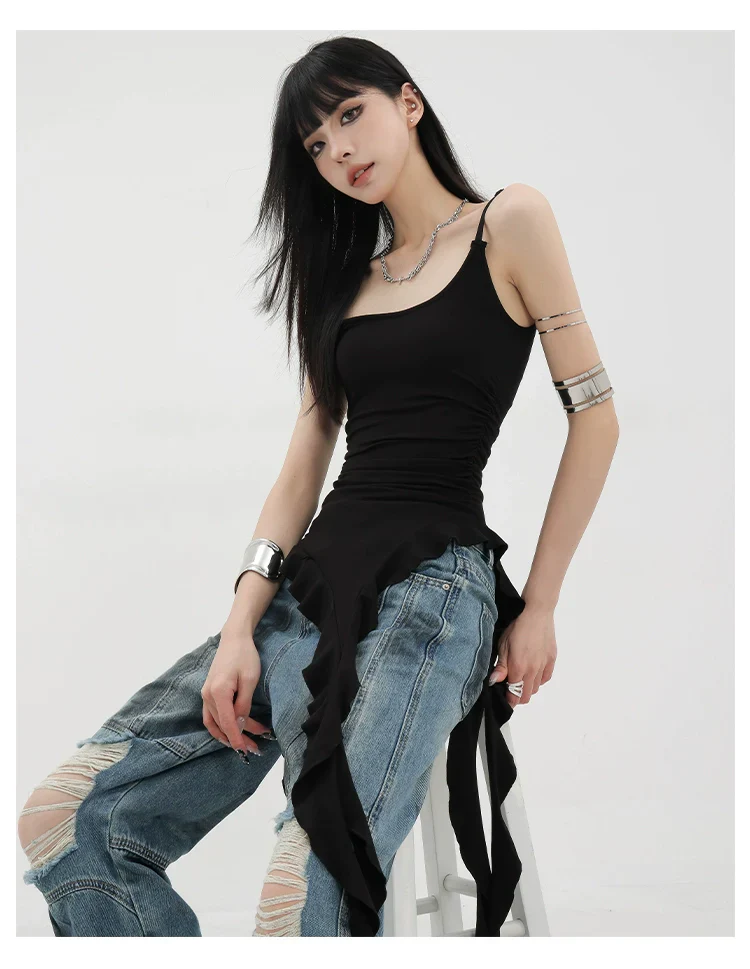 Black Asymmetric Ribbon Strap Tank Top With Ruffle Edge Design - Image 7