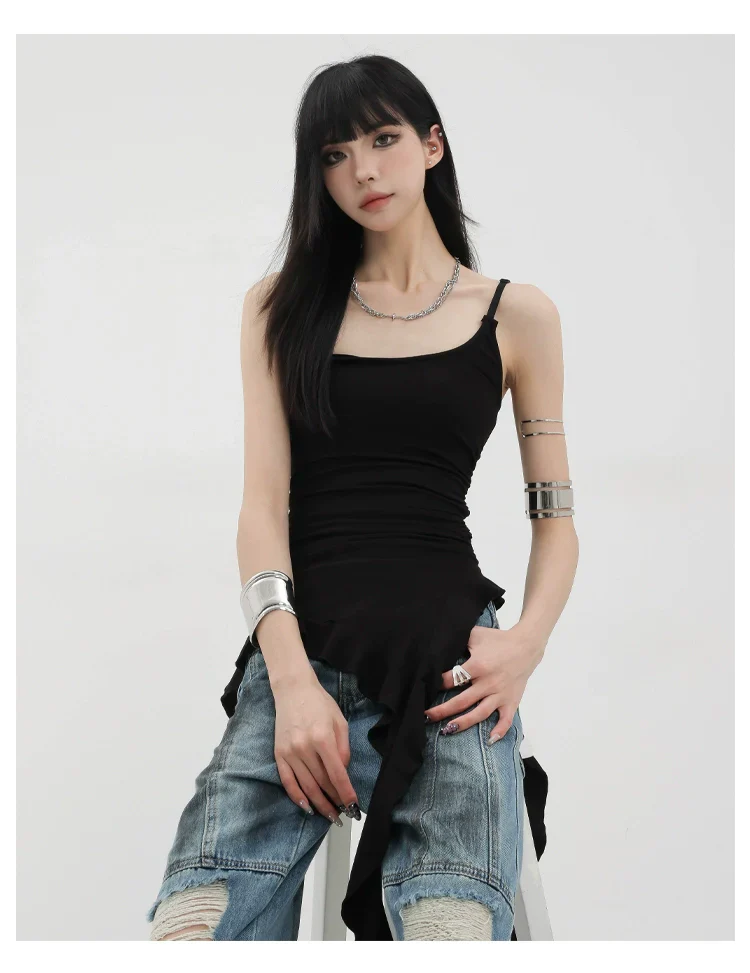 Black Asymmetric Ribbon Strap Tank Top With Ruffle Edge Design - Image 8